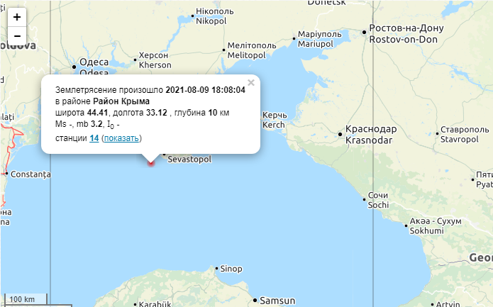 В Черном море в районе Крыма произошло землетрясение