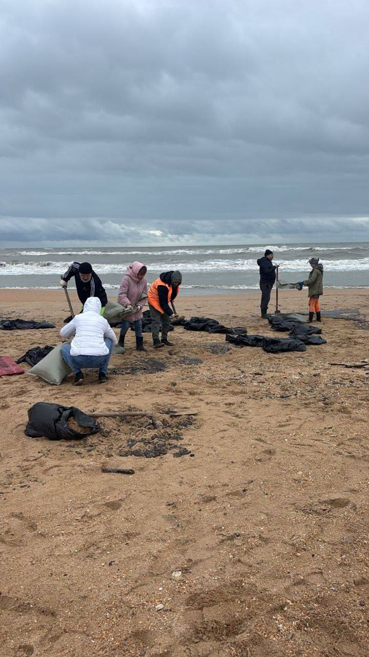 Волонтёры чистят пляж от мазута