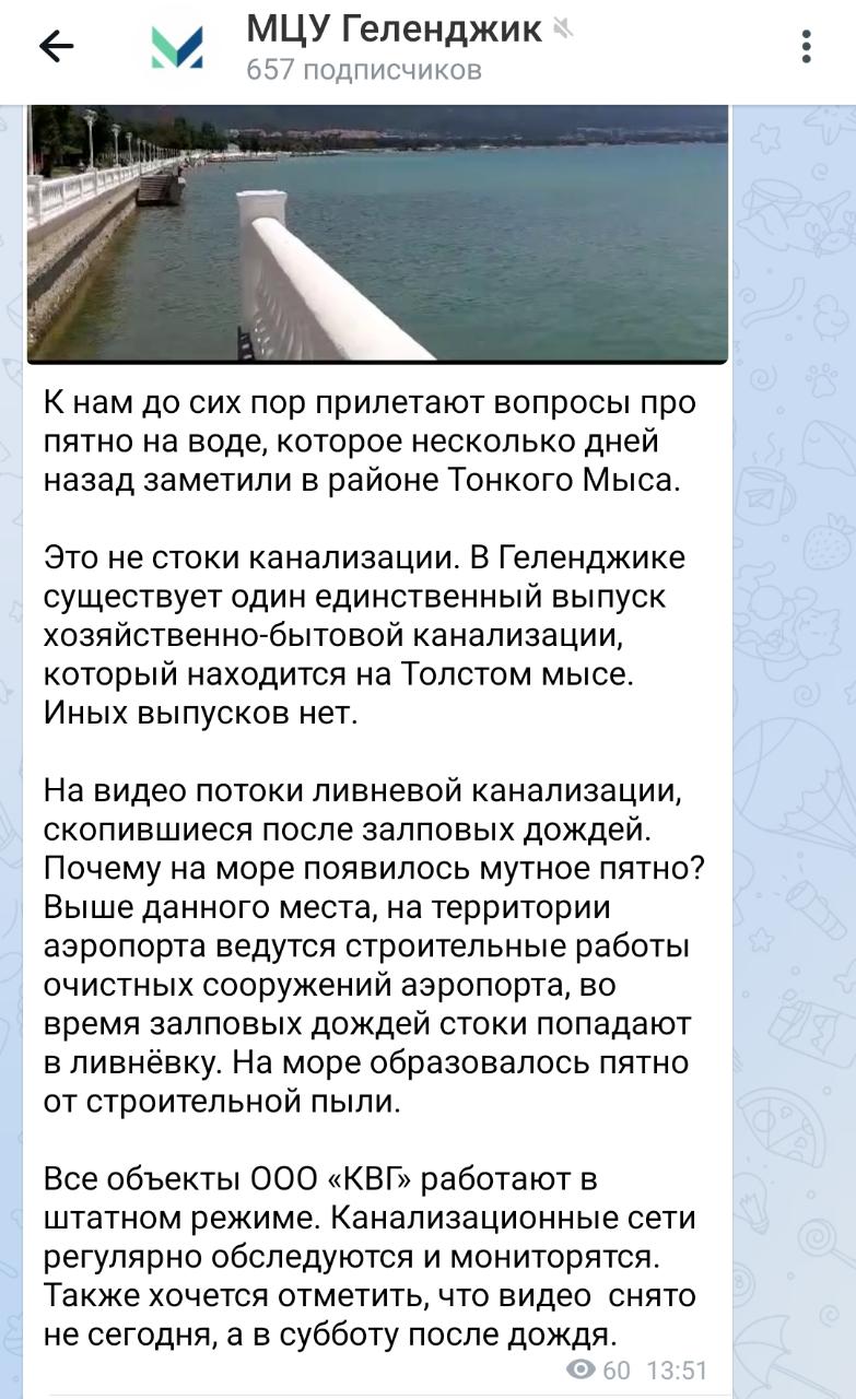 Власти Геленджика объяснили грязное пятно от канализации в море