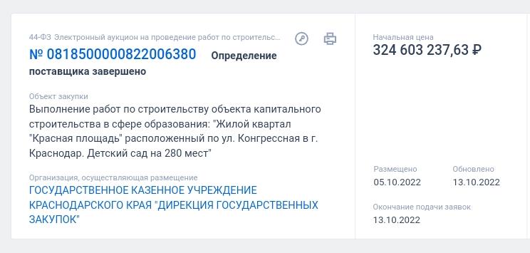 Аукцион по строительству детсада в Краснодаре в ЖК «Красная площадь» не состоялся