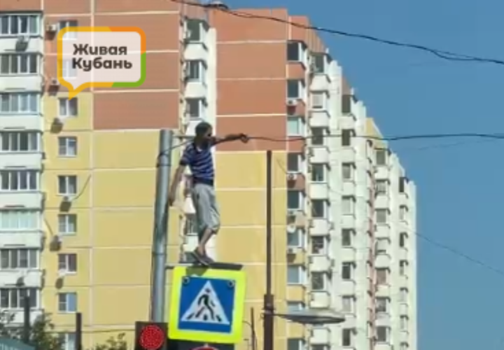 В центре Краснодара парень в неадекватном состоянии залез на дорожный знак