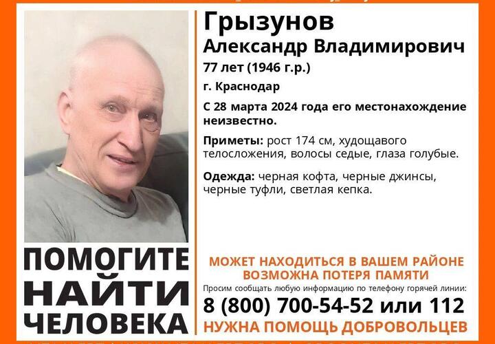 В Краснодаре родственники и волонтеры ищут бесследно пропавшего 77-летнего мужчину