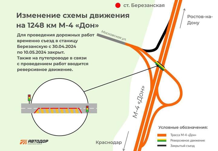 Будет закрыт съезд на трассе М-4 «Дон» в направлении станицы Березанской